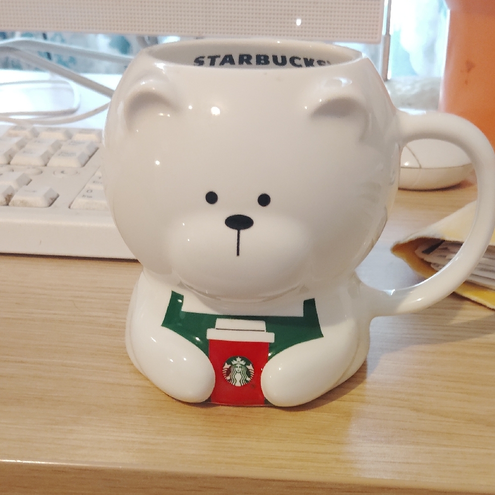 Starbucks White Bear Mug with Green and Red Accents